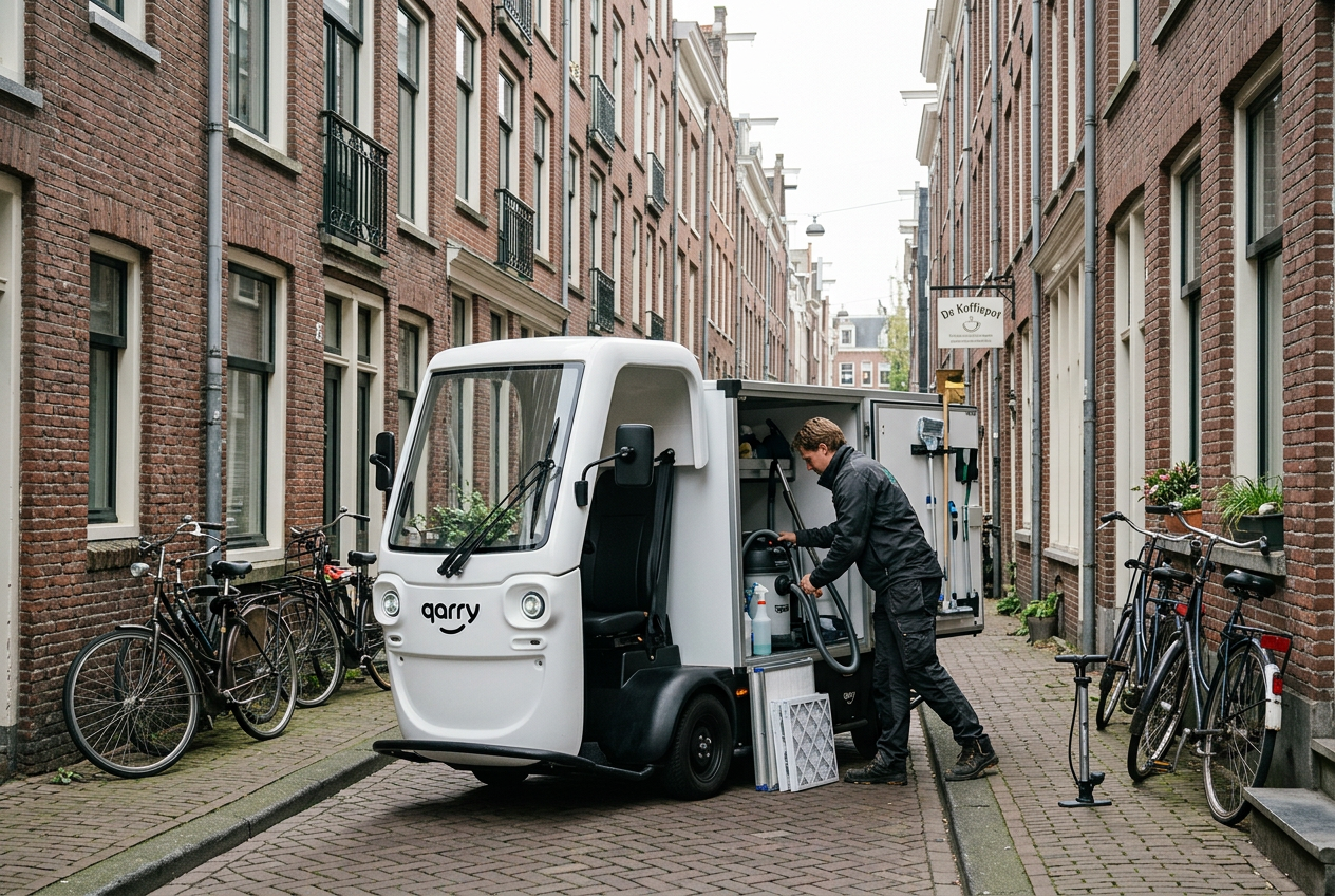 Monteur van CityVent laadt reinigingsapparatuur uit het elektrische servicevoertuig in een smalle straat in de Jordaan