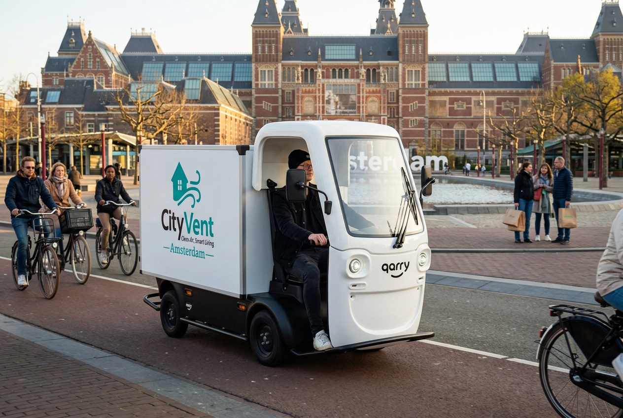 Smal elektrisch servicevoertuig van CityVent in een Amsterdamse binnenstadstraat